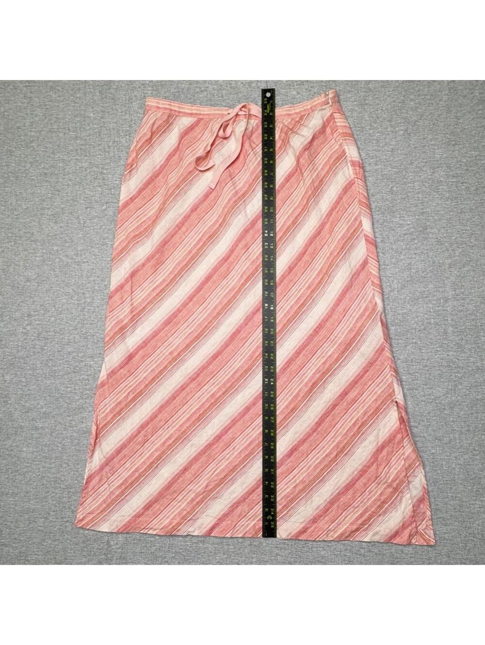 Linden Hill 100% Linen Pink White Striped Wrap Tie Front Midi Skirt Size M - Picture 4 of 5